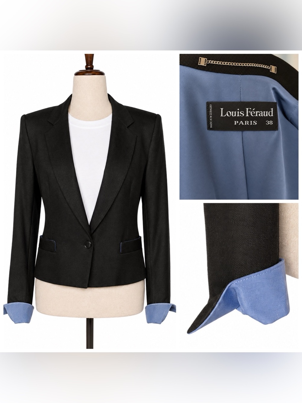 Louis Feraud Black Women's Tailored Blazer with pointed blue cuffs.